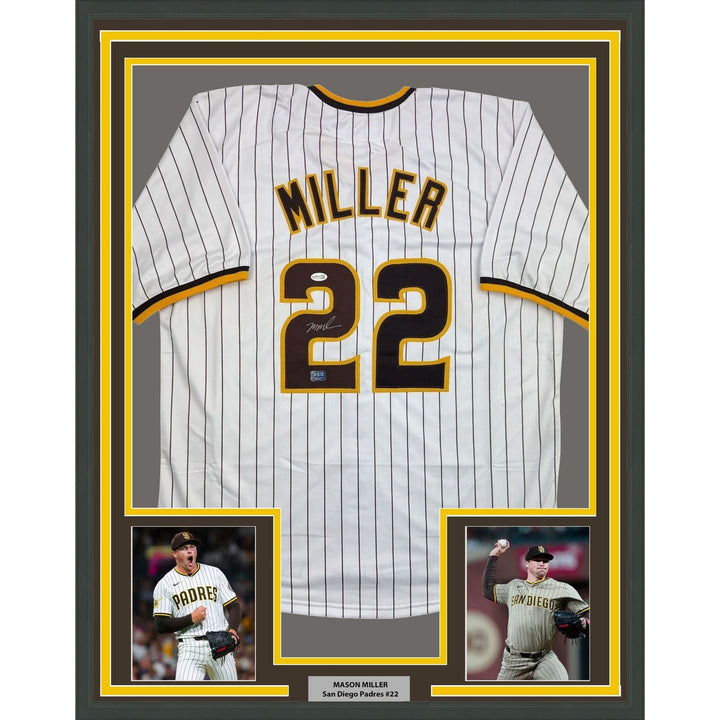 Framed Autographed/Signed Mason Miller 35x39 San Diego Pin Jersey JSA COA