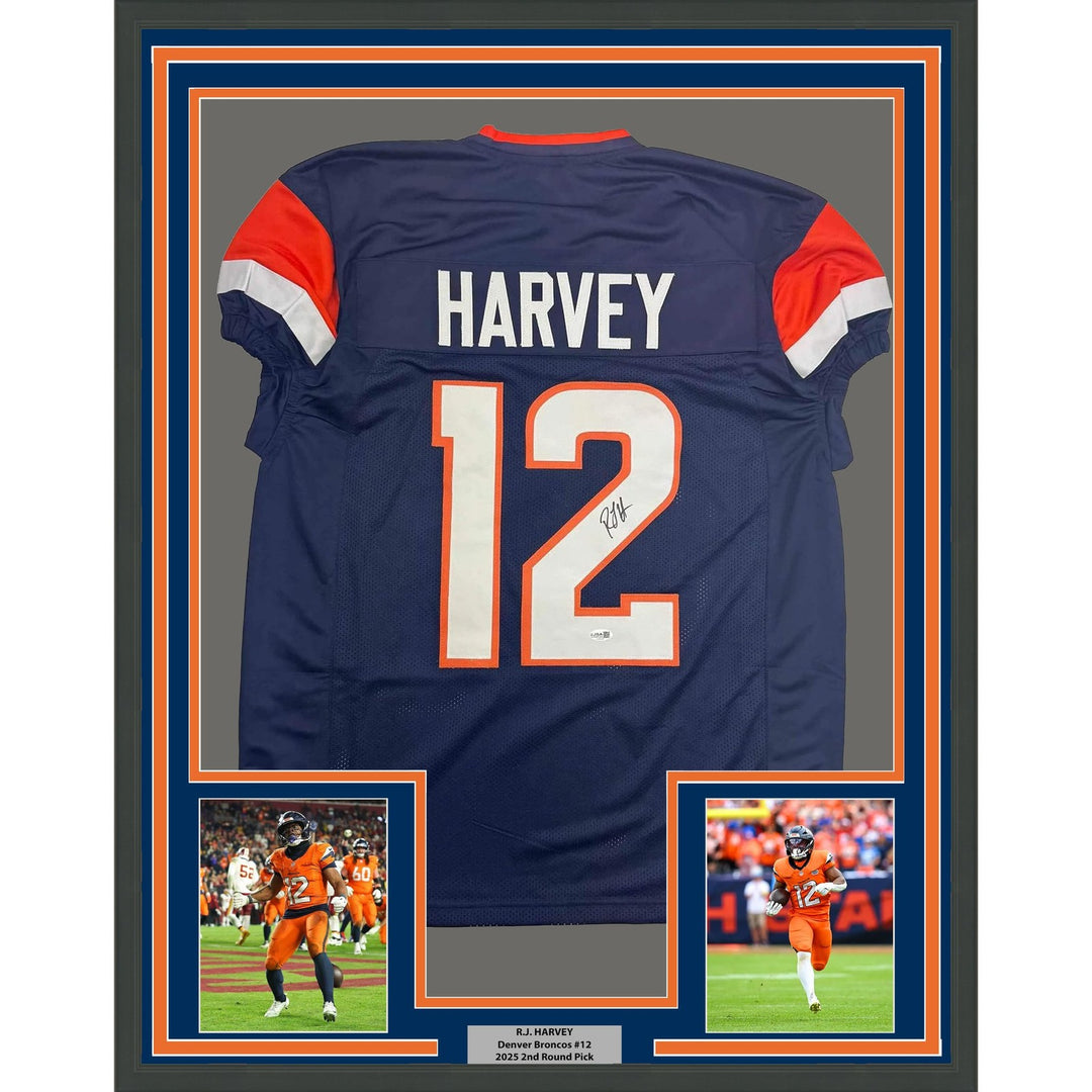 Framed Autographed/Signed RJ Harvey 35x39 Denver Blue Jersey JSA COA