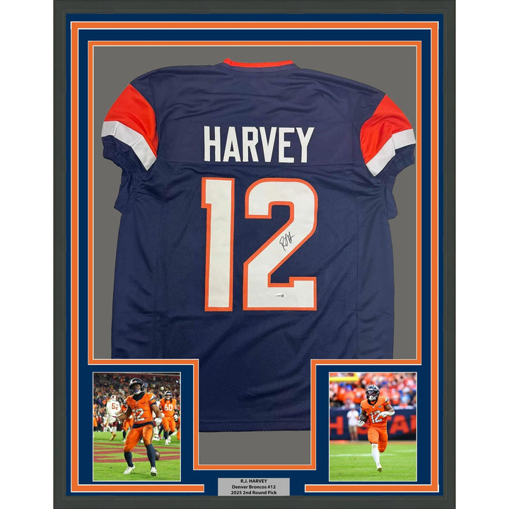 Framed Autographed/Signed RJ Harvey 35x39 Denver Blue Jersey JSA COA