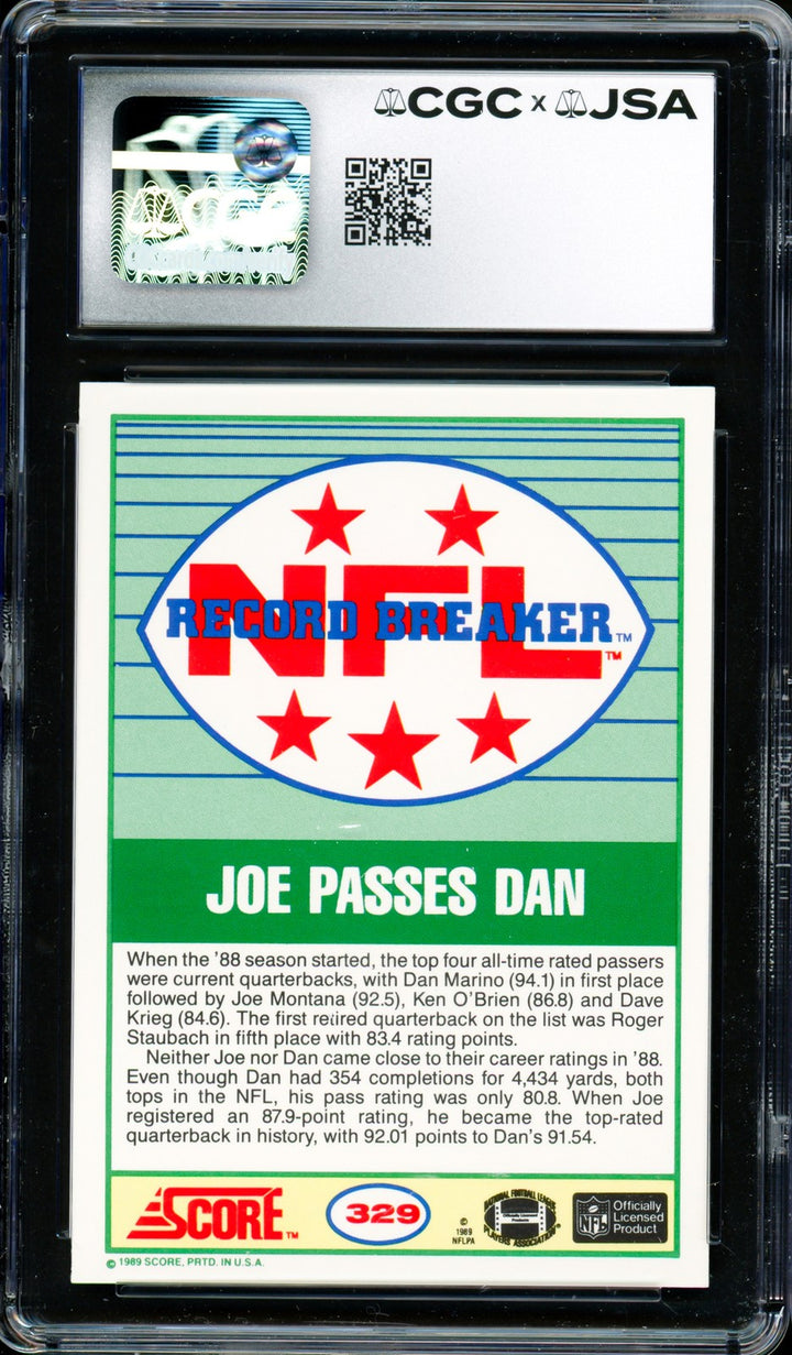 Joe Montana Signed 1989 Score Card 329 San Francisco 49ers Auto GM 10 CGC x JSA