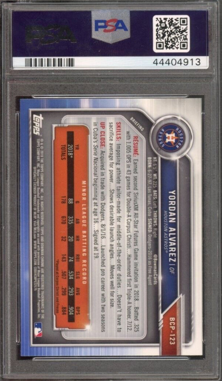 Graded 2019 Bowman Yordan Alvarez #123 Prospects Chrome RC Baseball Card PSA 10