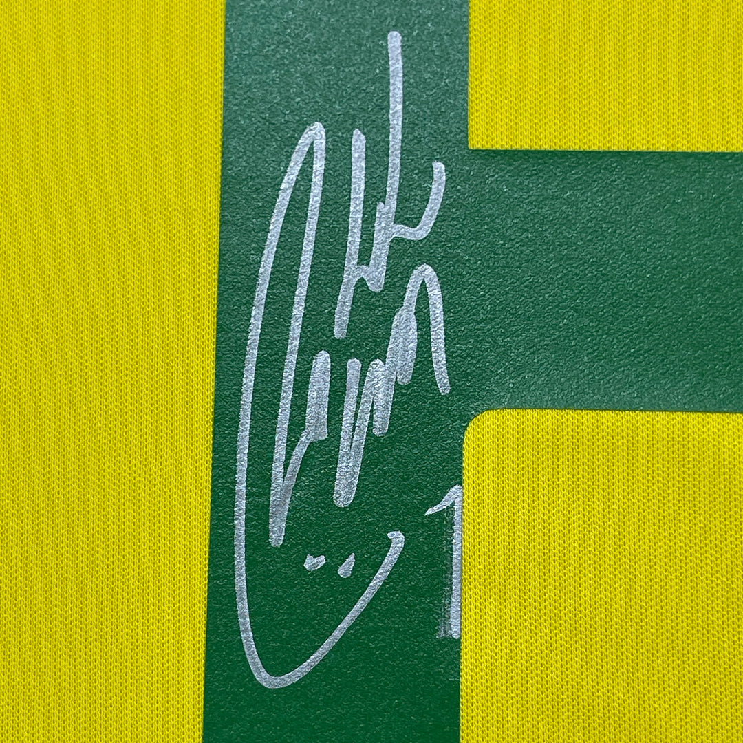 Framed Autographed/Signed Roberto Carlos 33x42 Brazil Yellow Jersey BAS COA