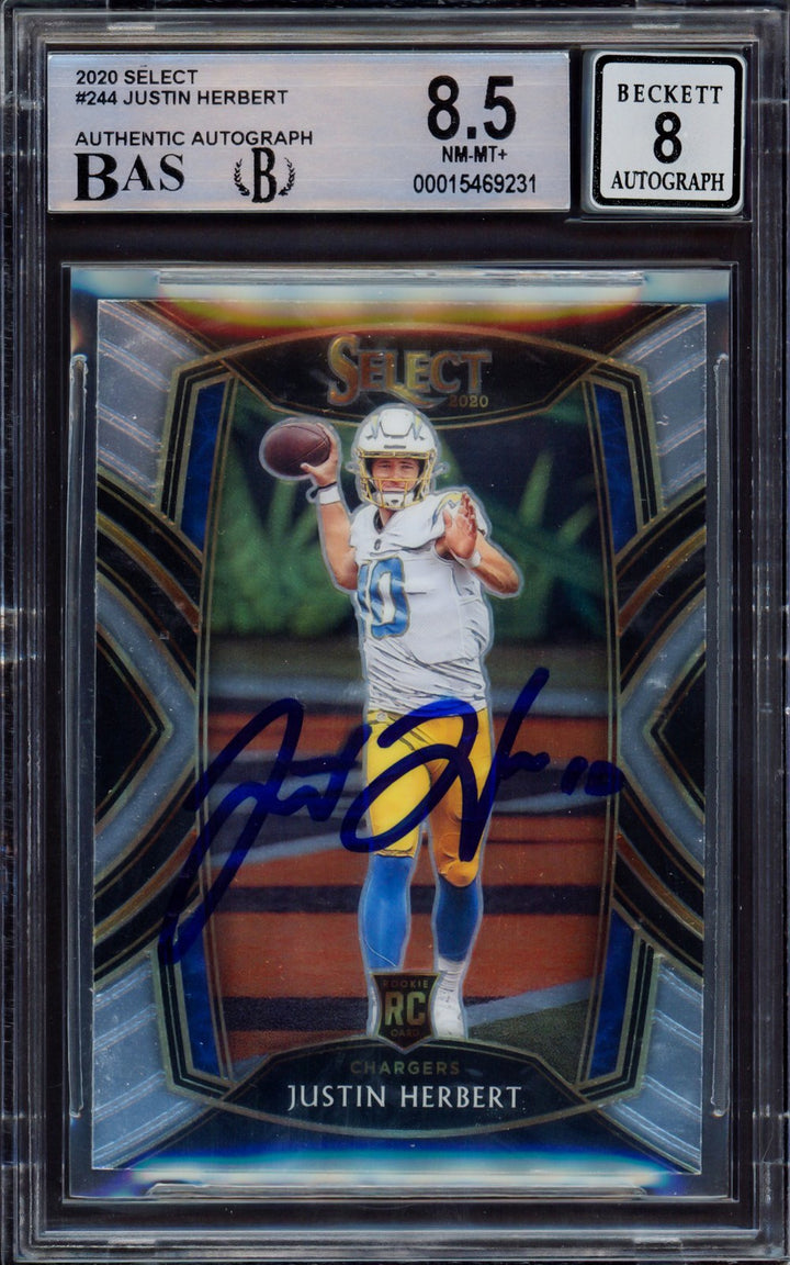 Justin Herbert Auto Signed 2020 Select RC 244 Chargers BGS 8.5 Sig 8 Beckett