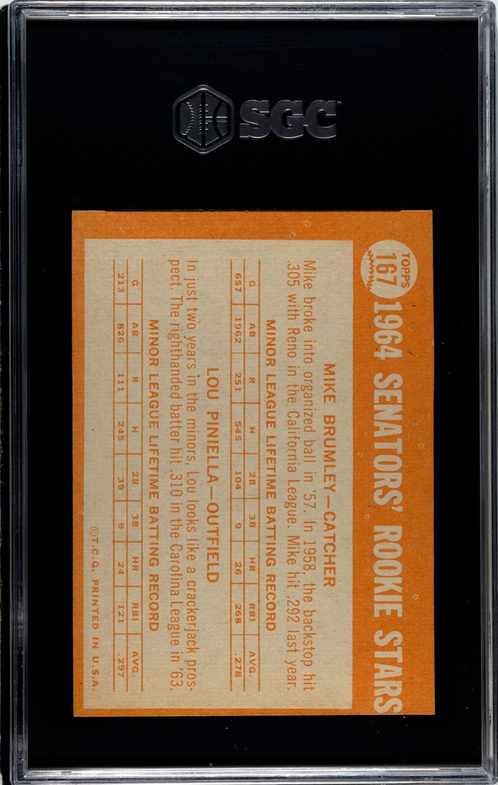 Lou Piniella 1964 Topps Rookie Card (RC) #167 Senators- SGC Graded 6 EX-NM