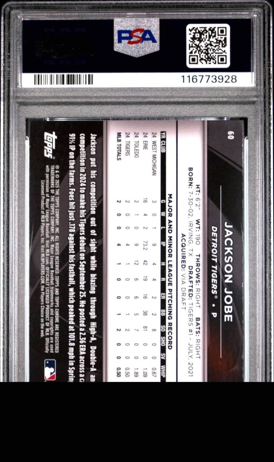Graded 2025 Topps Chrome Black Jackson Jobe #60 Rookie RC Baseball Card PSA 10