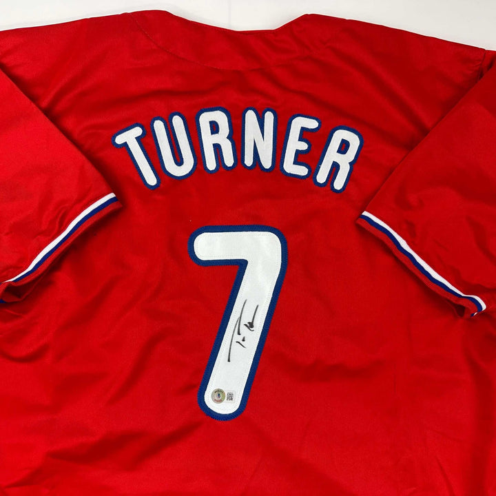 Autographed/Signed Trea Turner Philadelphia Red Jersey Beckett BAS COA