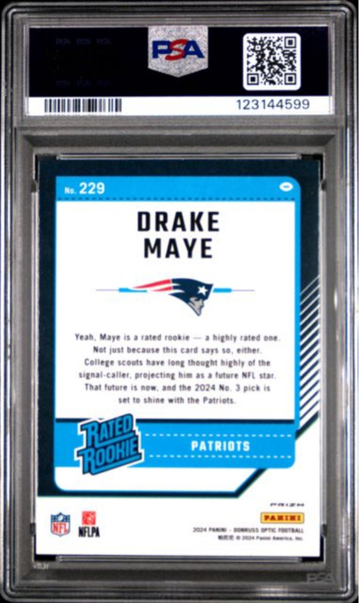 Graded 2024 Panini Donruss Optic Drake Maye #229 Purple Shock Rookie Card PSA 10