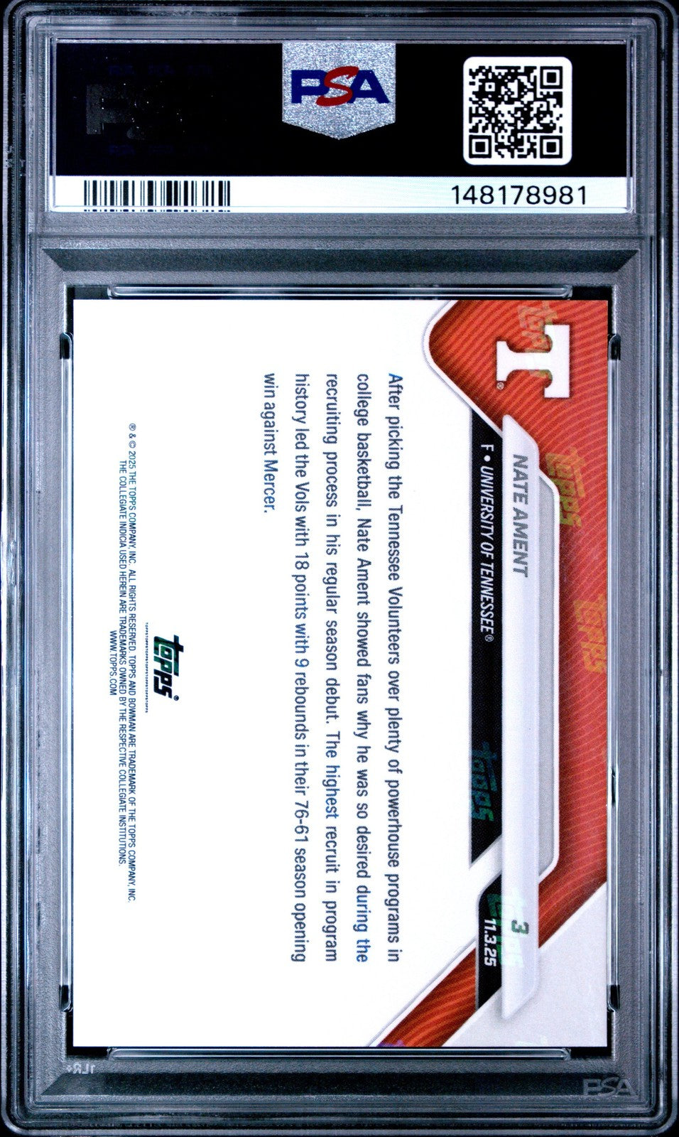 Graded 2025 Topps Bowman U Now Nate Ament #3 Rookie RC Card PSA 10 Gem Mint