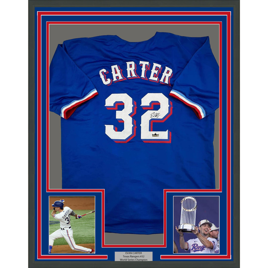 Framed Facsimile Autographed Evan Carter 35x39 Texas Blue Reprint Jersey