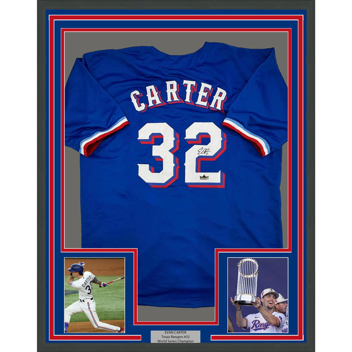 Framed Facsimile Autographed Evan Carter 35x39 Texas Blue Reprint Jersey
