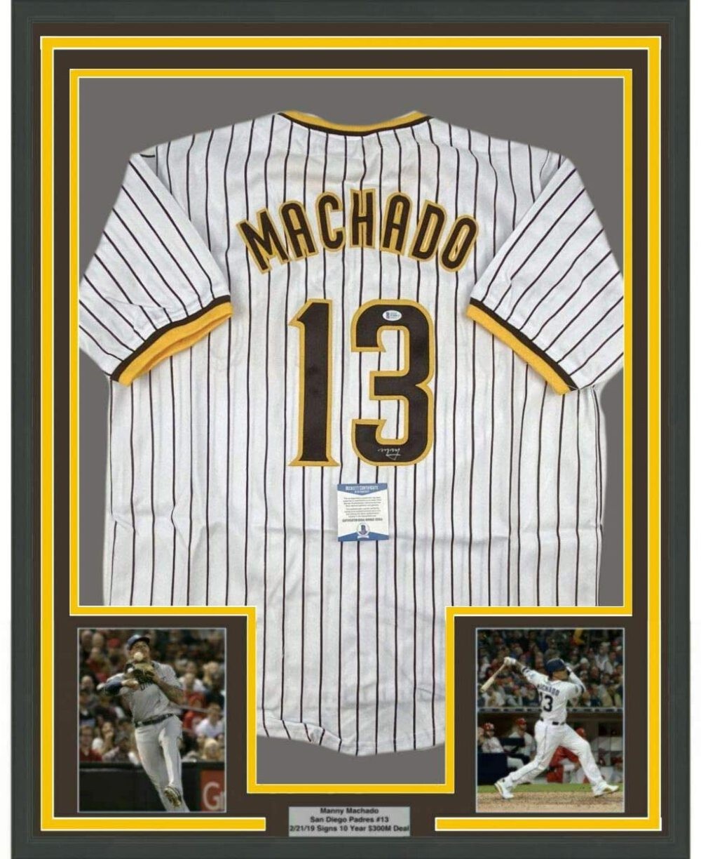 FRAMED Autographed/Signed MANNY MACHADO 33x42 San Diego Pinstripe Jersey BAS COA