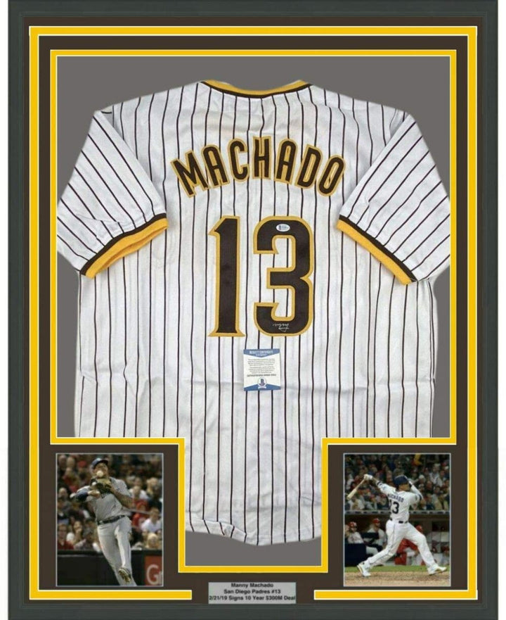 FRAMED Autographed/Signed MANNY MACHADO 33x42 San Diego Pinstripe Jersey BAS COA