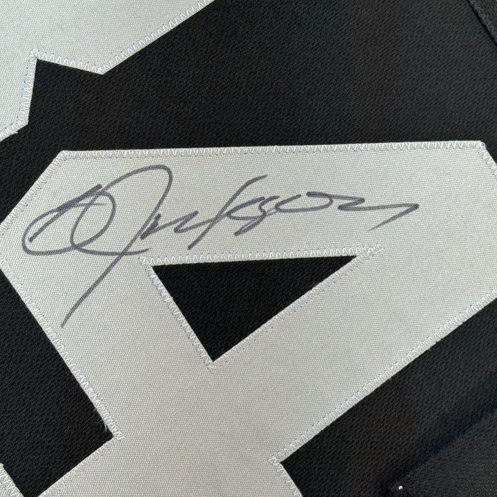 Framed Autographed/Signed Bo Jackson 35x39 Oakland Black Football Jersey JSA COA