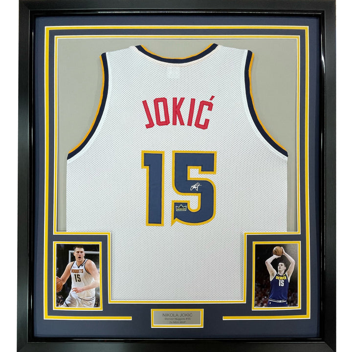 Framed Facsimile Autographed Nikola Jokic 33x42 White Reprint Laser Auto Jersey