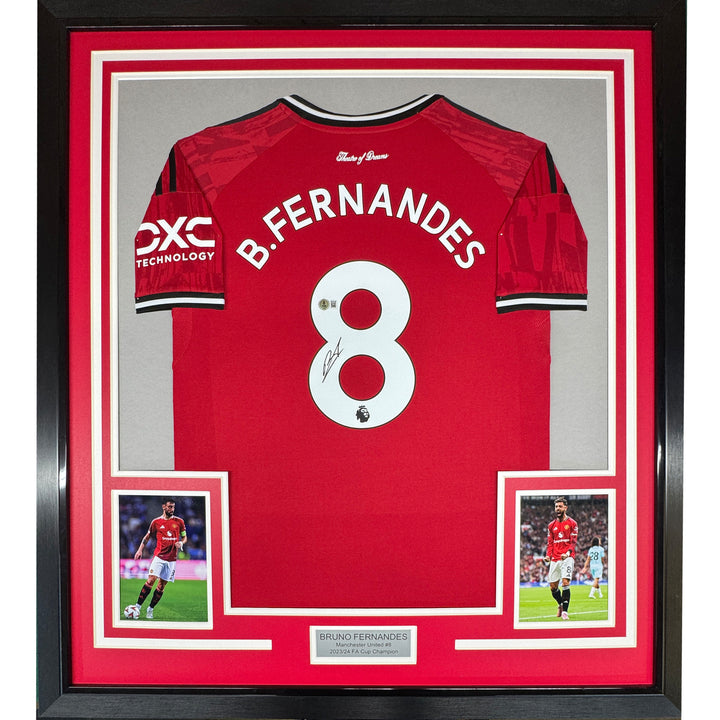 Framed Autographed/Signed Bruno Fernandes 35x39 Manchester U Red Jersey BAS COA
