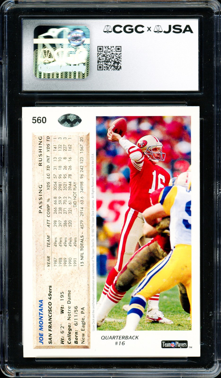 Joe Montana Auto 1992 Upper Deck Card 560 49ers Card 9 Auto GM 10 CGC x JSA