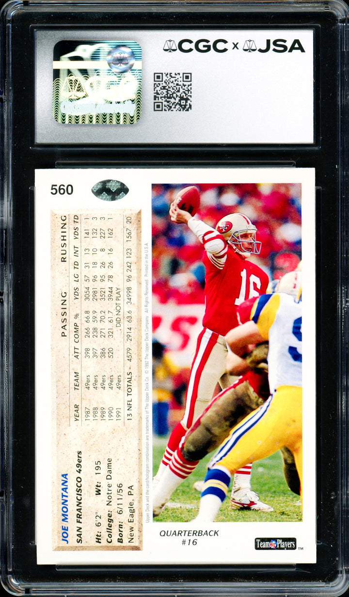 Joe Montana Auto 1992 Upper Deck Card 560 49ers Card 9 Auto GM 10 CGC x JSA