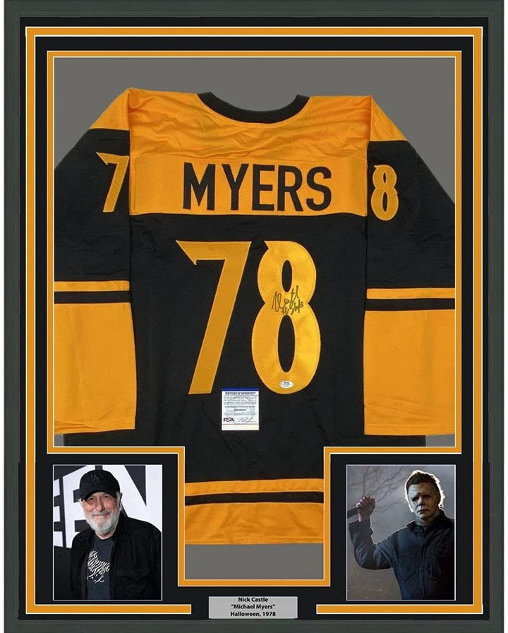 FRAMED Autographed/Signed NICK CASTLE 33x42 Halloween Black Jersey PSA COA