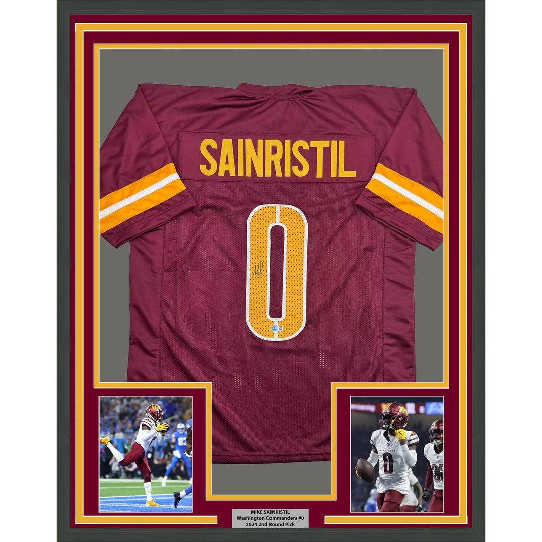 Framed Autographed/Signed Mike Sainristil 35x39 Washington Red Jersey COA