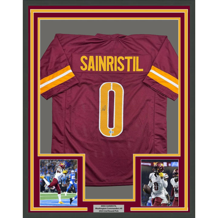 Framed Autographed/Signed Mike Sainristil 35x39 Washington Red Jersey COA