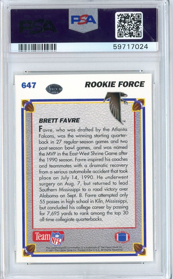 Graded 1991 Upper Deck Brett Favre #647 Rookie RC Card PSA 10 Gem Mint
