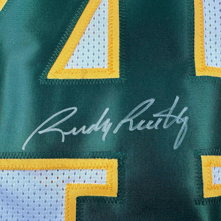 Framed Autographed/Signed Rudy Ruettiger 33x42 ND White/Green Jersey JSA COA