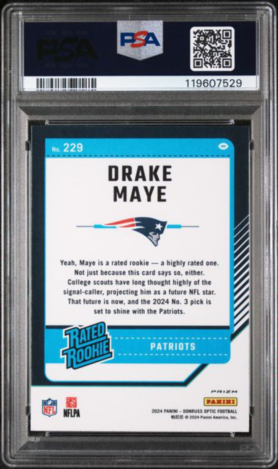 Graded 2024 Panini Donruss Optic Holo Drake Maye #229 Rookie RC Card PSA 10 Mint
