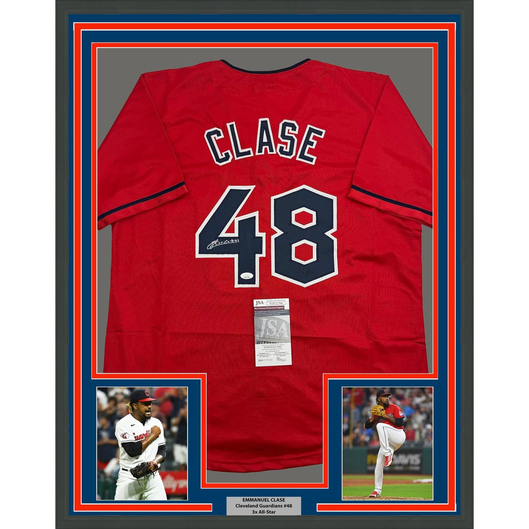 Framed Autographed/Signed Emmanuel Clase 35x39 Cleveland Red Jersey JSA COA