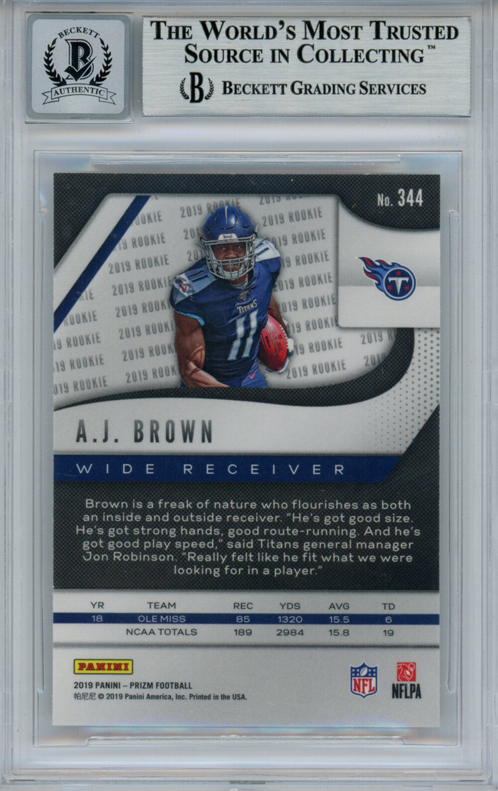 AJ Brown Autographed 2019 Panini Prizm #344 Rookie Card Beckett 10 Slab 33380