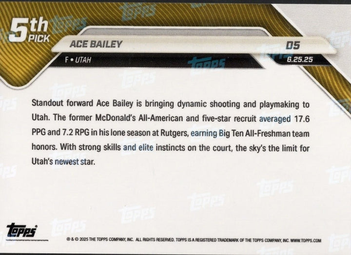 2025 Topps Now Ace Bailey #D5 Green Foil /99 Utah Jazz Rookie RC Card