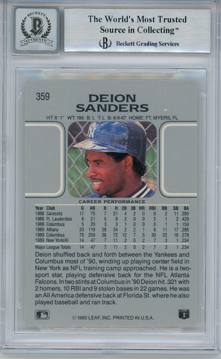 Deion Sanders Autographed/Signed 1990 Leaf Rookie Card BAS 10 Slab 33892