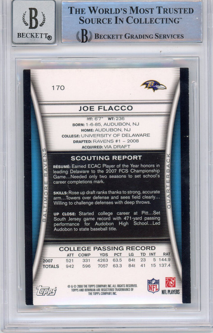 Joe Flacco Autographed  2008 Bowman #170 (Grade 10) Beckett Slabbed 39935