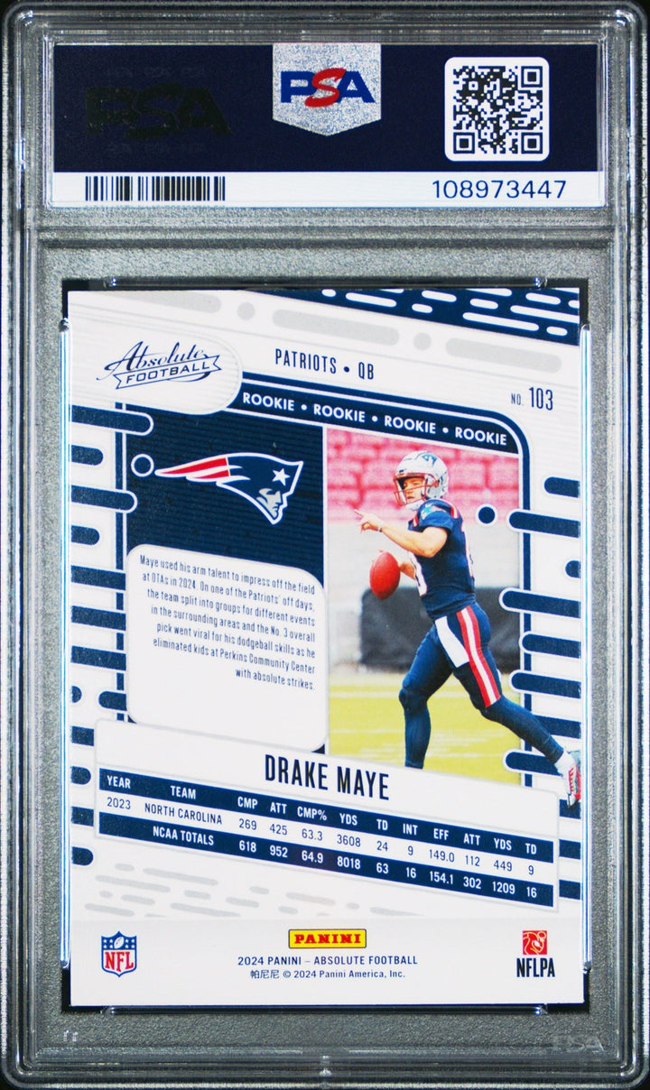 Graded 2024 Panini Absolute Drake Maye #103 Rookie RC Football Card PSA 10
