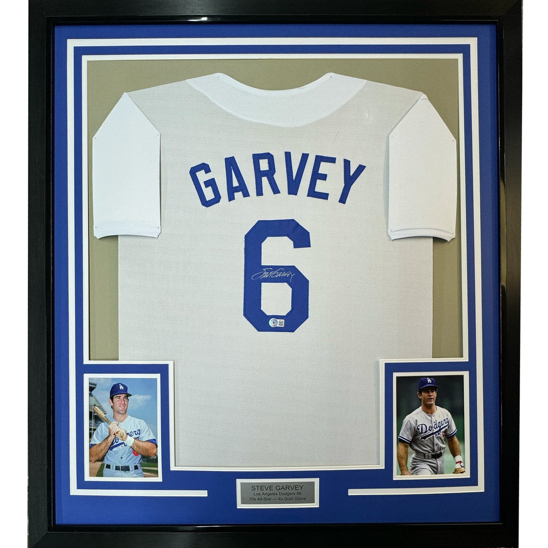 FRAMED Autographed/Signed STEVE GARVEY 35x39 White Jersey Beckett COA