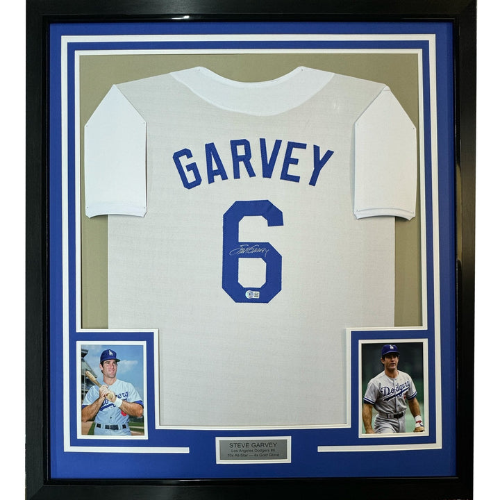 FRAMED Autographed/Signed STEVE GARVEY 35x39 White Jersey Beckett COA