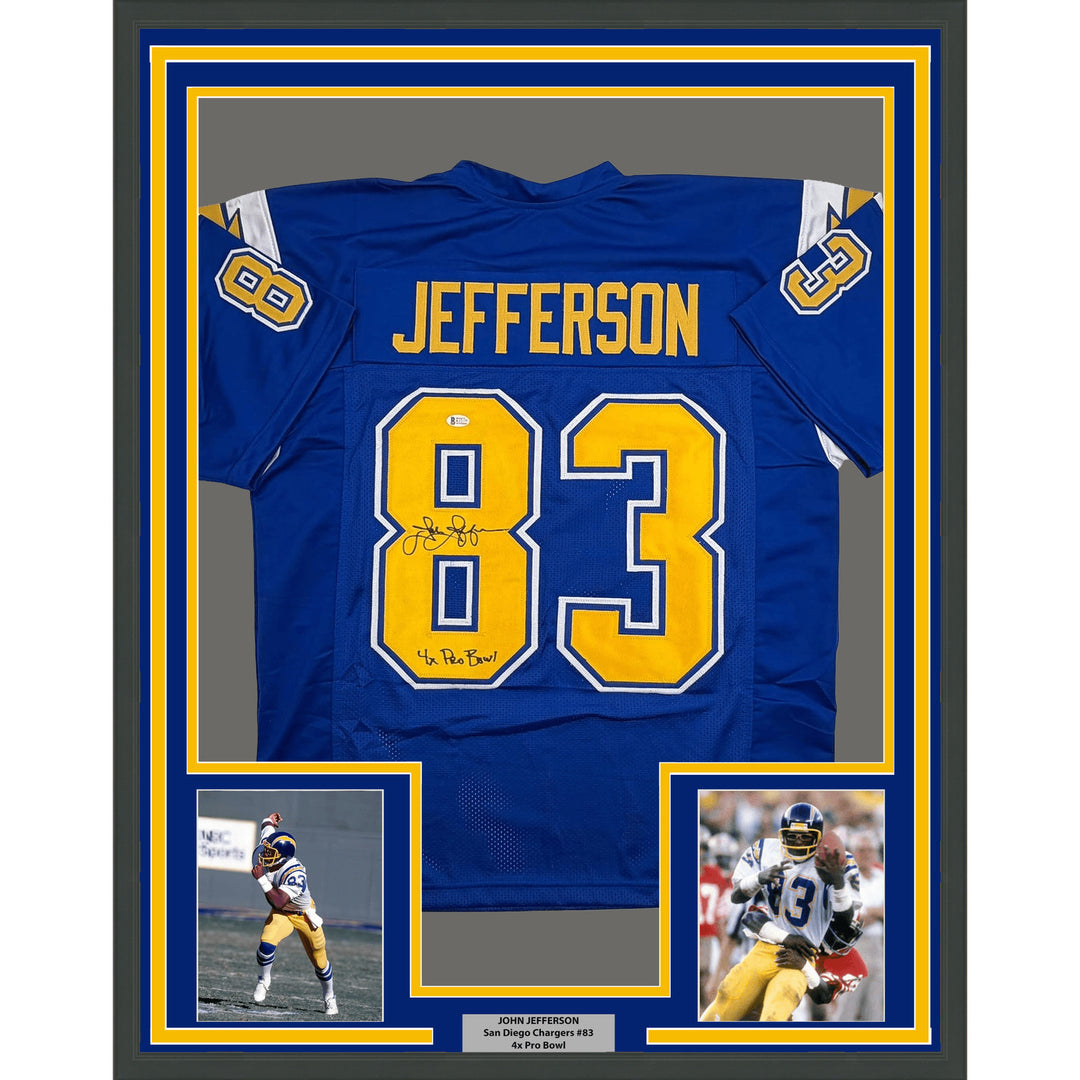 Framed Autographed John Jefferson Los Angeles San Diego Blue Jersey BAS COA