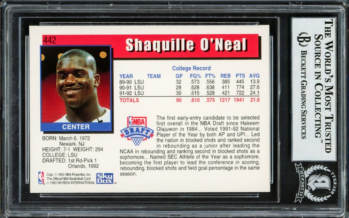 Shaquille Shaq O'Neal Signed 1992-93 Hoops RC 442 Orlando Magic Beckett