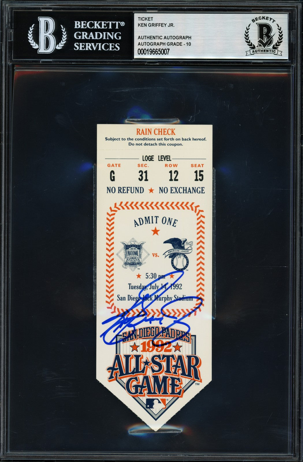 Ken Griffey Jr. Signed 1992 All Star Game Ticket Mariners Auto GM 10 MVP Beckett