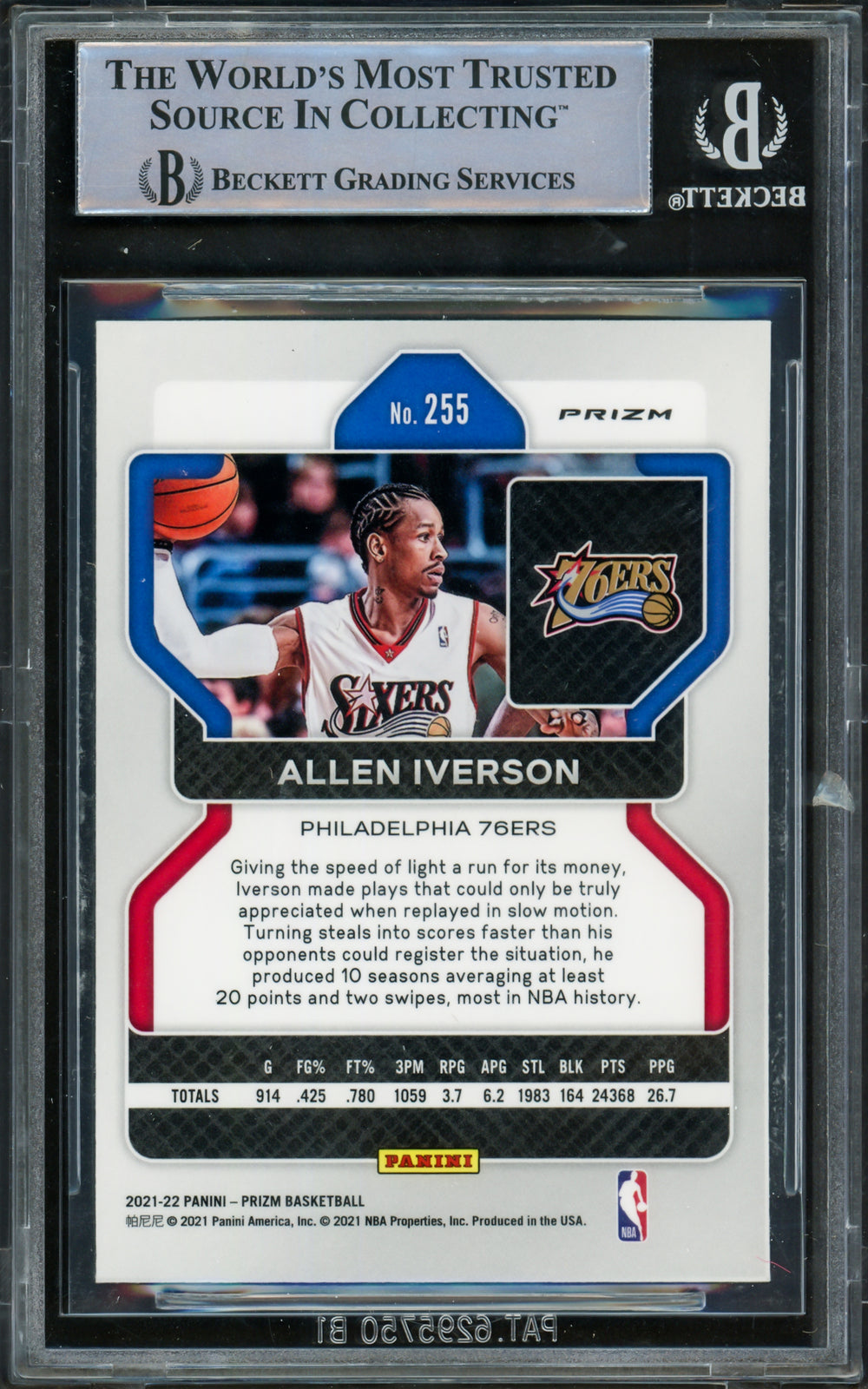 Allen Iverson Signed 2021-22 Panini Prizm Prizms Ice Card 255 76ers Beckett Wit