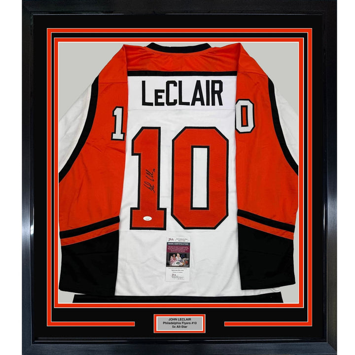 Framed Signed John LeClair 35x39 Philadelphia White Jersey JSA COA