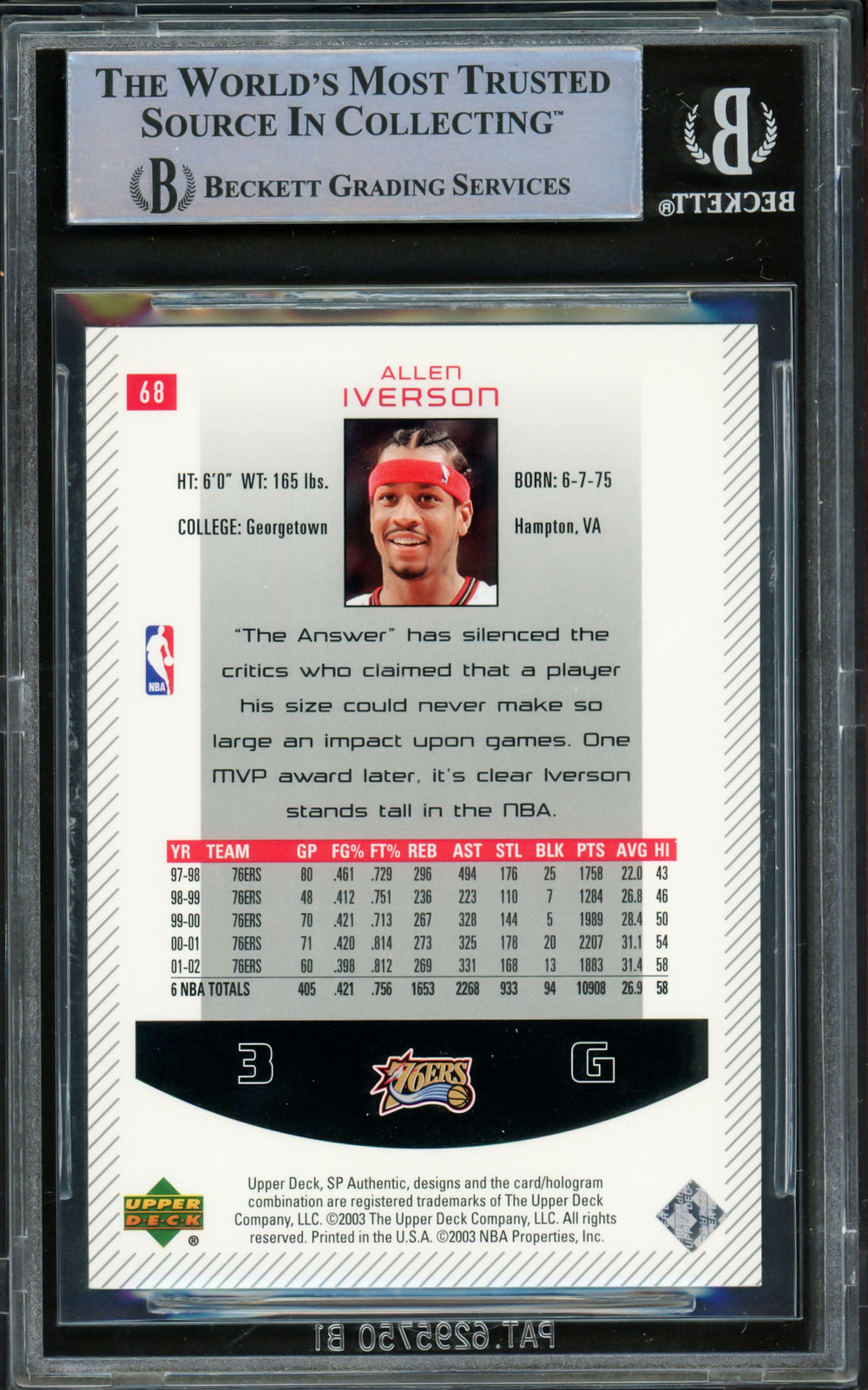 Allen Iverson Signed 2002-03 SP Authentic Card 68 76ers Beckett Wit 16562920