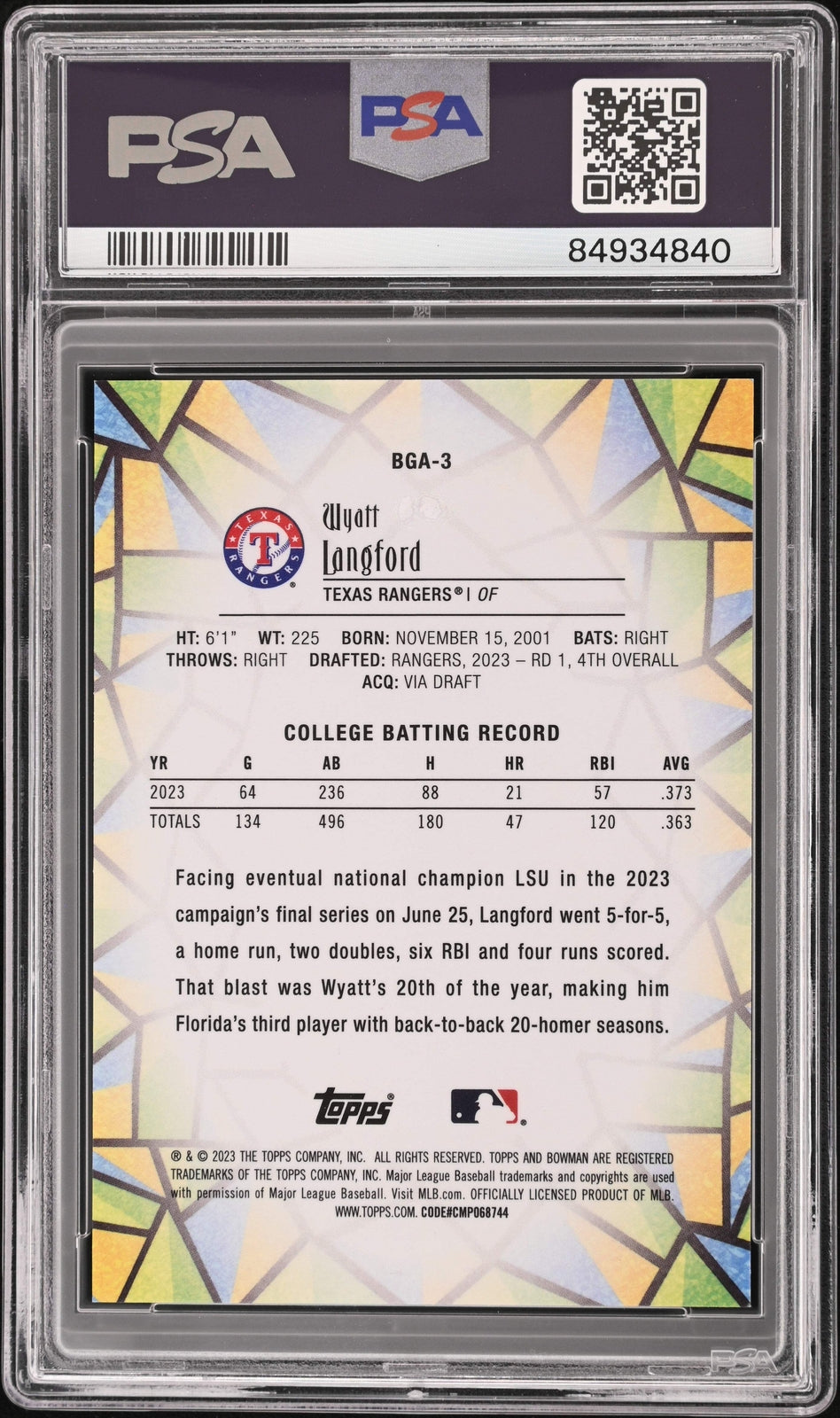 Graded 2023 Topps Bowman Draft Wyatt Langford #BGA3 Glass Baseball Card PSA 10