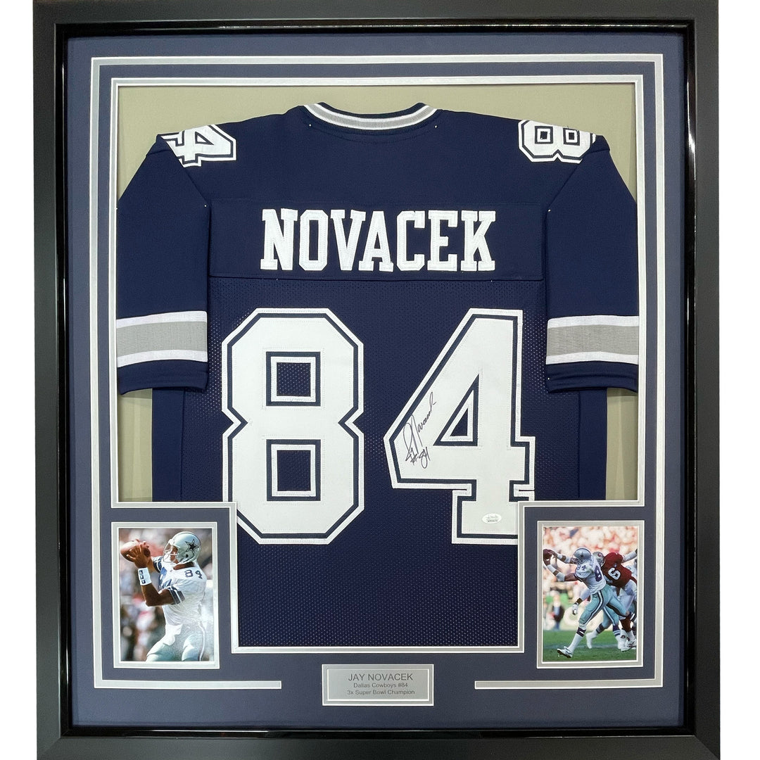 FRAMED Autographed/Signed JAY NOVACEK 33x42 Dallas Blue Football Jersey JSA COA