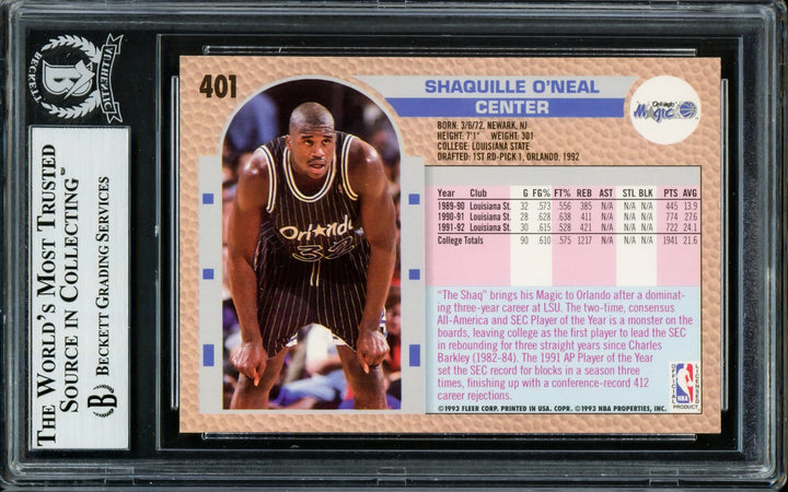 Shaquille Shaq O'Neal Signed 1992-93 Fleer RC 401 Orlando Magic Thin Sig Beckett