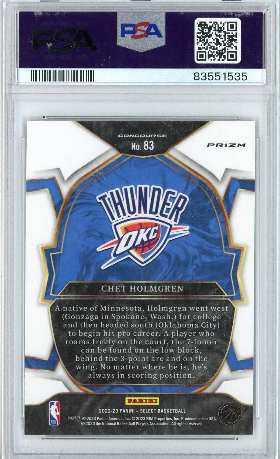 Graded 2022 Panini Select Chet Holmgren #83 Tri-Color RC Basketball Card PSA 10