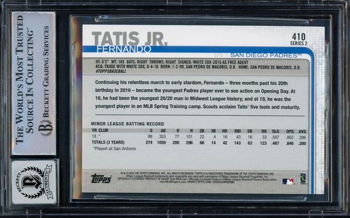 Fernando Tatis Jr. Signed 2019 Topps RC 410 Padres BGS 8.5 Auto Mint 9 Beckett