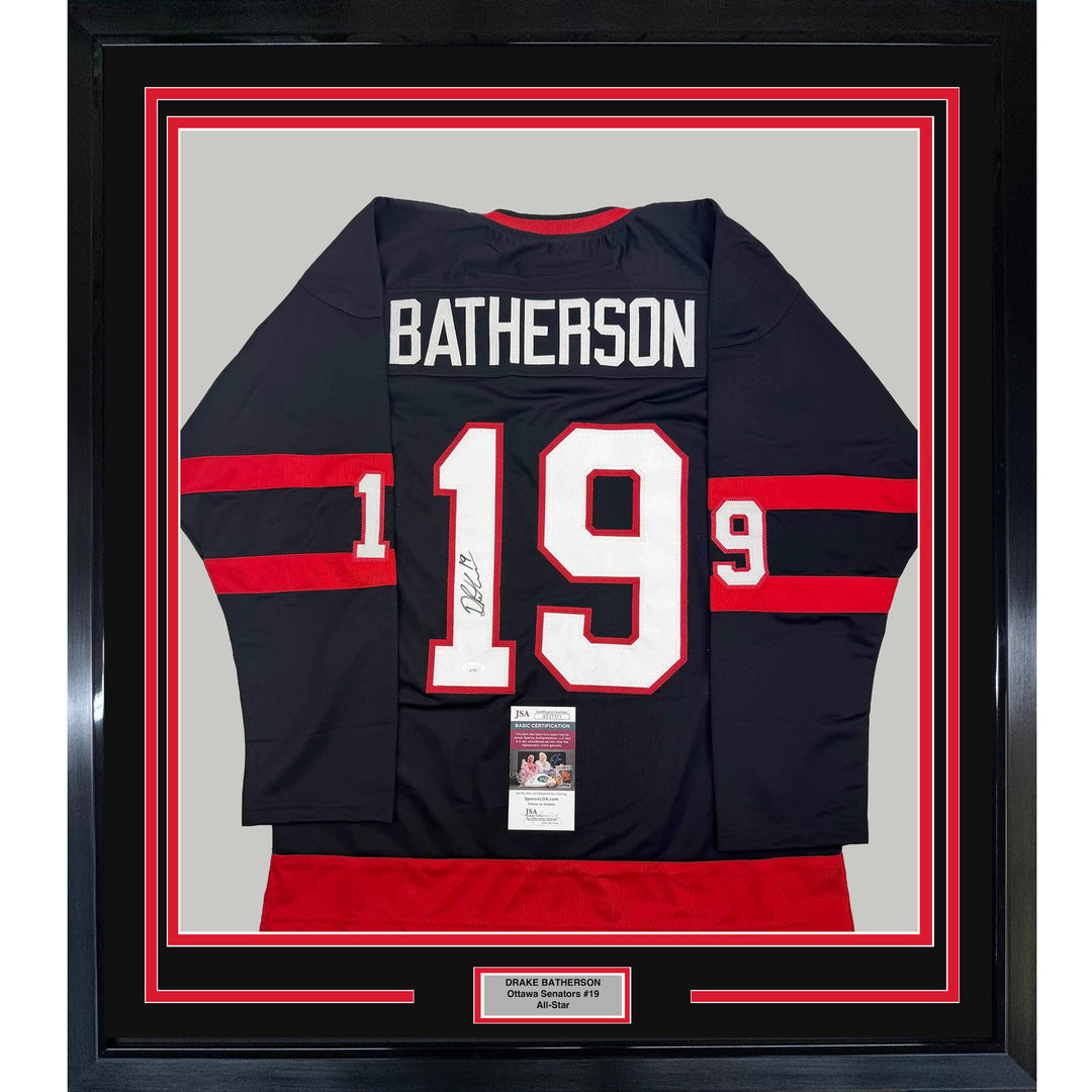 Framed Autographed/Signed Drake Batherson 35x39 Ottawa Black Jersey JSA COA