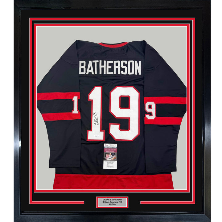 Framed Autographed/Signed Drake Batherson 35x39 Ottawa Black Jersey JSA COA