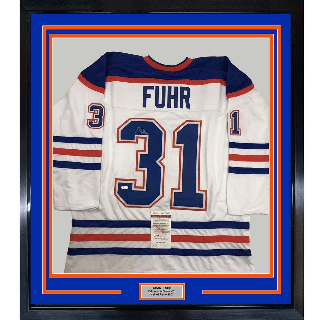 FRAMED Autographed/Signed GRANT FUHR 33x42 Edmonton White Hockey Jersey JSA COA