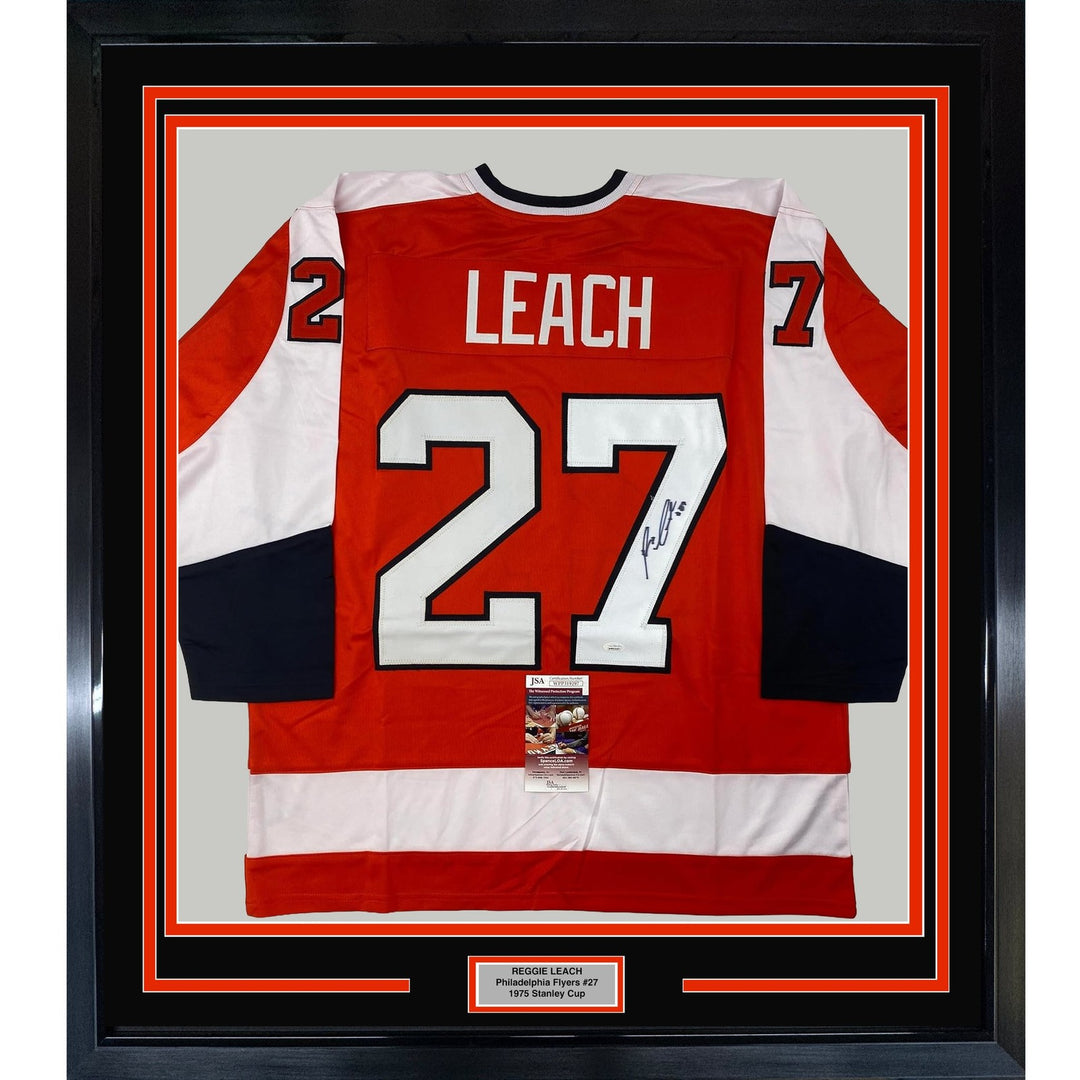 Framed Signed Reggie Leach 35x39 Philadelphia Orange Jersey JSA COA